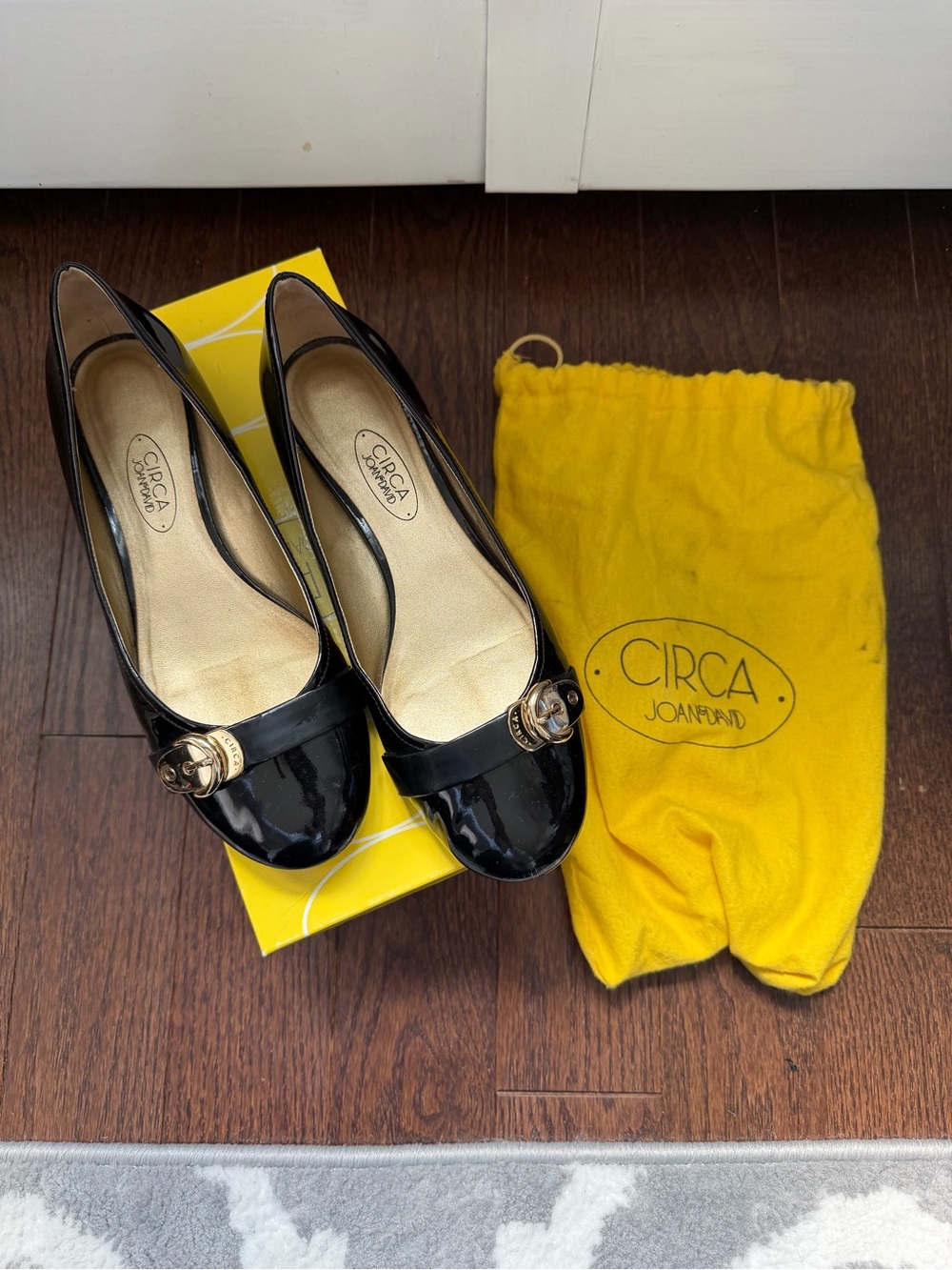 3 for $30 Circa Joan & David Black Patent Round-Toe Flats with Gold Accent
